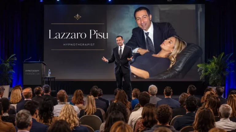 Therapist Lazzaro Pisu talking to a health care convention